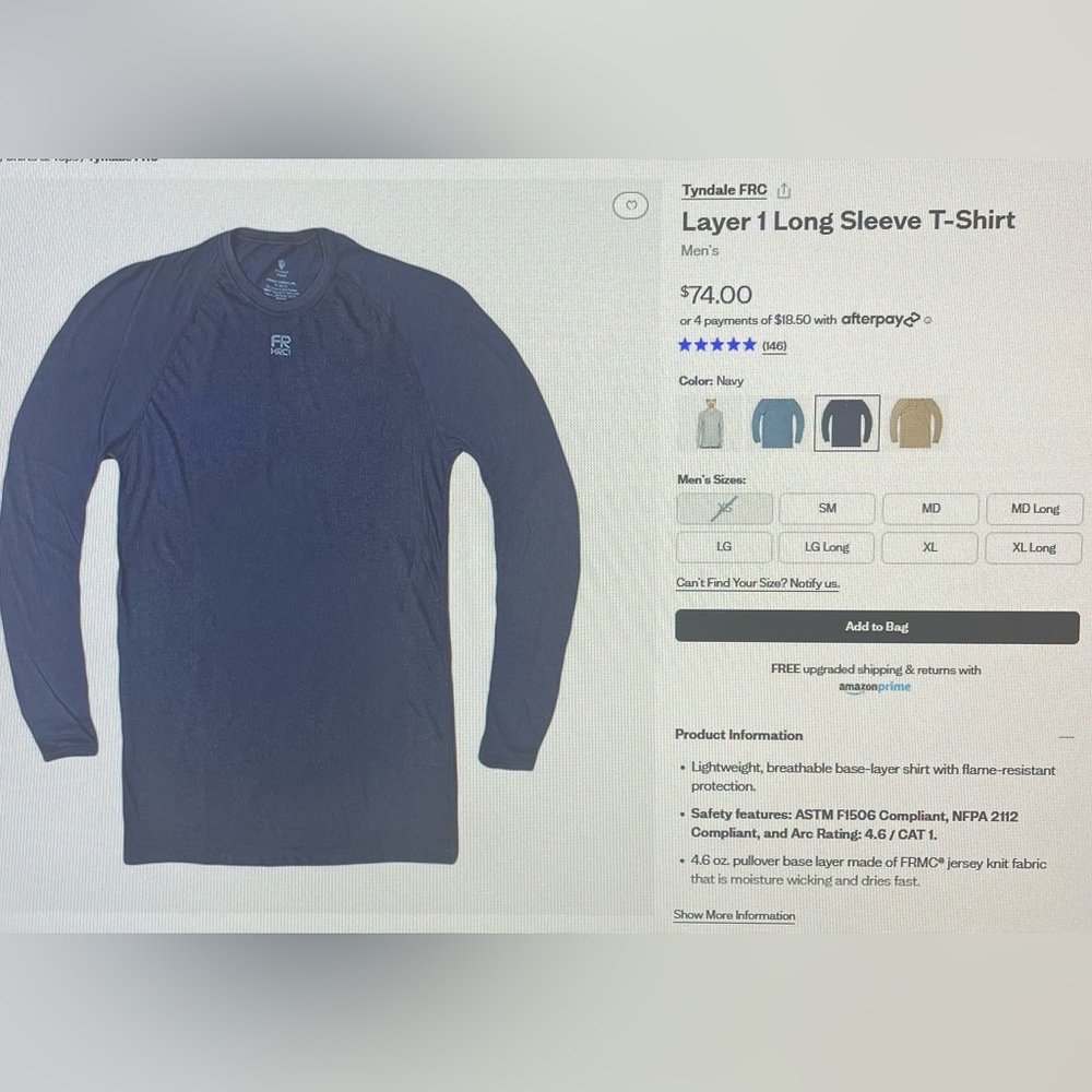 Tyndale FRC Longsleeve
Base Layer CAT 1
Size: Large
Color: Light Grey